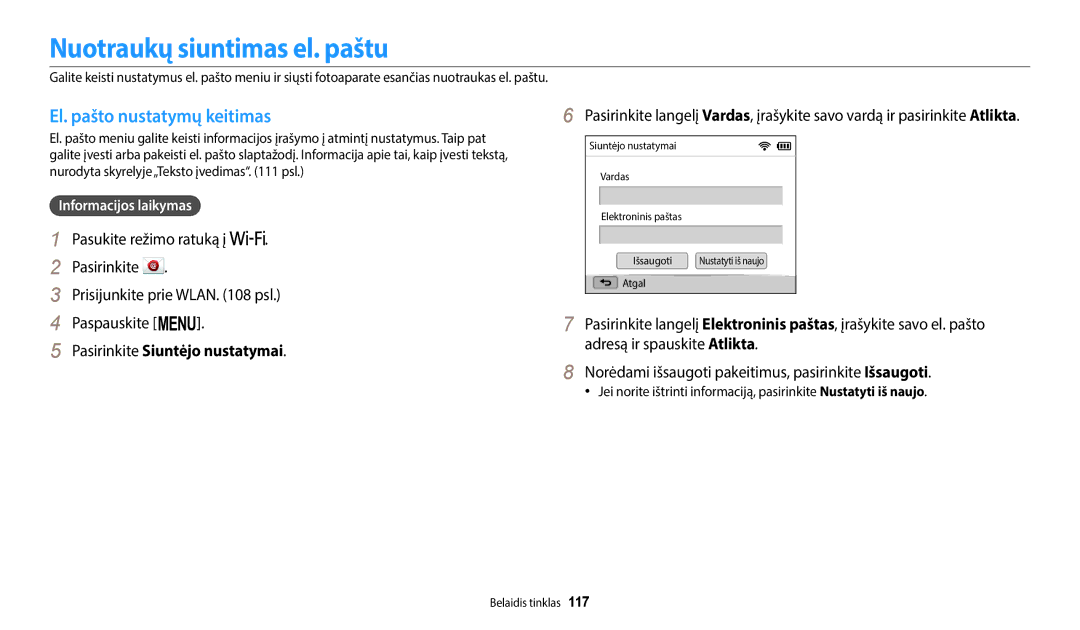 Samsung EC-WB2200BPBE2 manual Nuotraukų siuntimas el. paštu, El. pašto nustatymų keitimas, Pasirinkite Siuntėjo nustatymai 