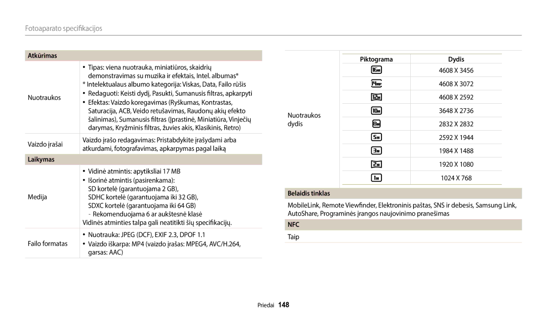 Samsung EC-WB2200BPBE2 manual Laikymas, Piktograma Dydis, Belaidis tinklas 