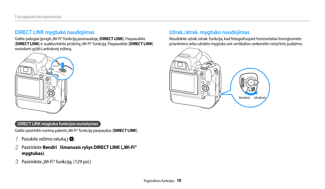 Samsung EC-WB2200BPBE2 manual Direct Link mygtuko naudojimas, Užrak./atrak. mygtuko naudojimas, Pasukite režimo ratuką į 