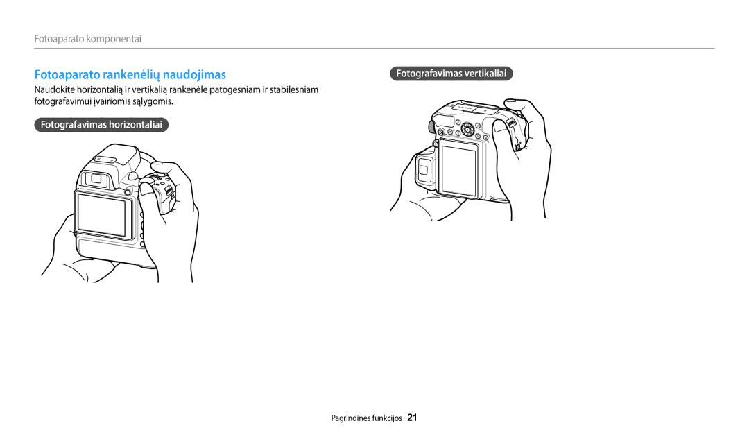 Samsung EC-WB2200BPBE2 manual Fotoaparato rankenėlių naudojimas, Fotografavimas horizontaliai 