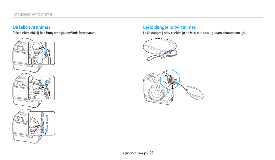 Samsung EC-WB2200BPBE2 manual Dirželio tvirtinimas Lęšio dangtelio tvirtinimas 