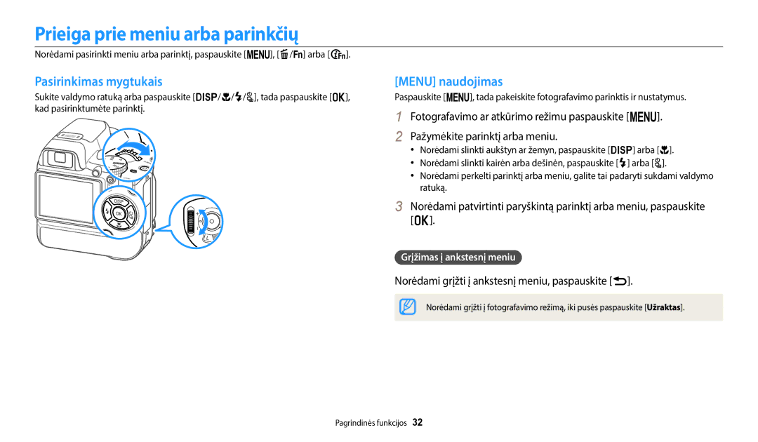 Samsung EC-WB2200BPBE2 manual Prieiga prie meniu arba parinkčių, Pasirinkimas mygtukais, Menu naudojimas 