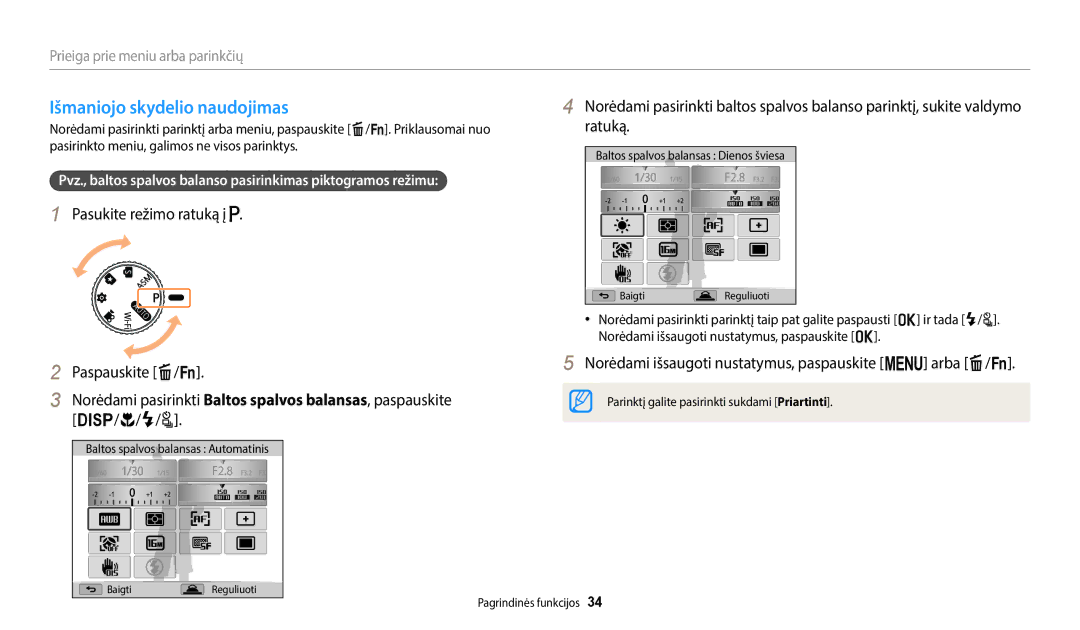 Samsung EC-WB2200BPBE2 manual Išmaniojo skydelio naudojimas, Pasukite režimo ratuką į Paspauskite f/s 