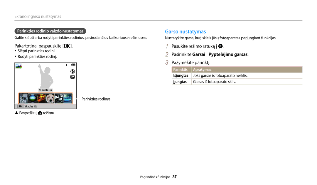 Samsung EC-WB2200BPBE2 manual Garso nustatymas, Pakartotinai paspauskite o, Pasirinkite Garsai  Pyptelėjimo garsas 