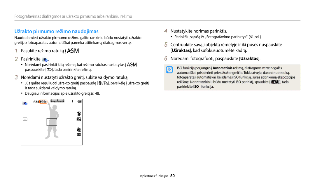 Samsung EC-WB2200BPBE2 manual Užrakto pirmumo režimo naudojimas, Norėdami nustatyti užrakto greitį, sukite valdymo ratuką 