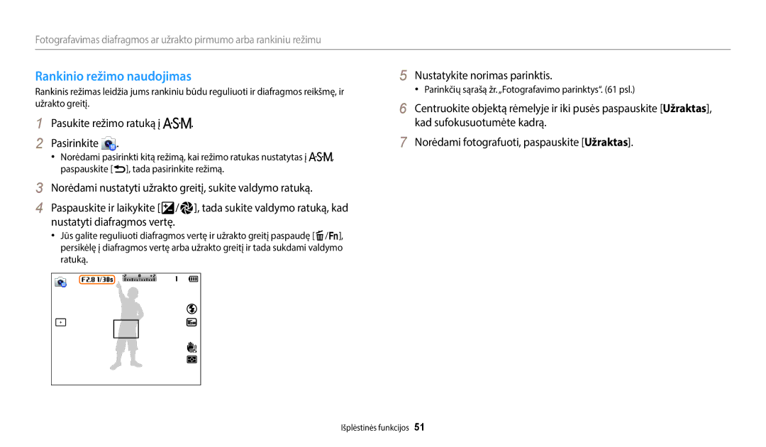 Samsung EC-WB2200BPBE2 manual Rankinio režimo naudojimas 