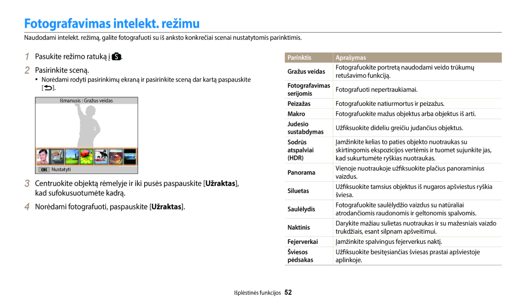 Samsung EC-WB2200BPBE2 Fotografavimas intelekt. režimu, Pasukite režimo ratuką į Pasirinkite sceną, Parinktis Aprašymas 