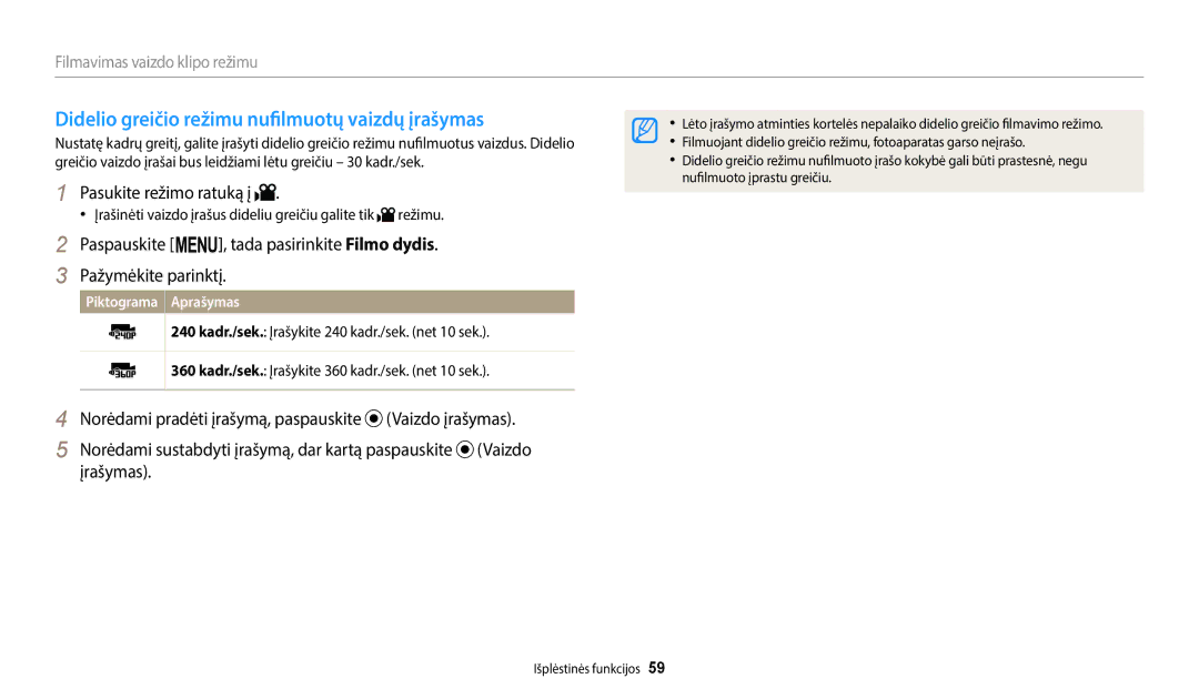 Samsung EC-WB2200BPBE2 manual Didelio greičio režimu nufilmuotų vaizdų įrašymas 