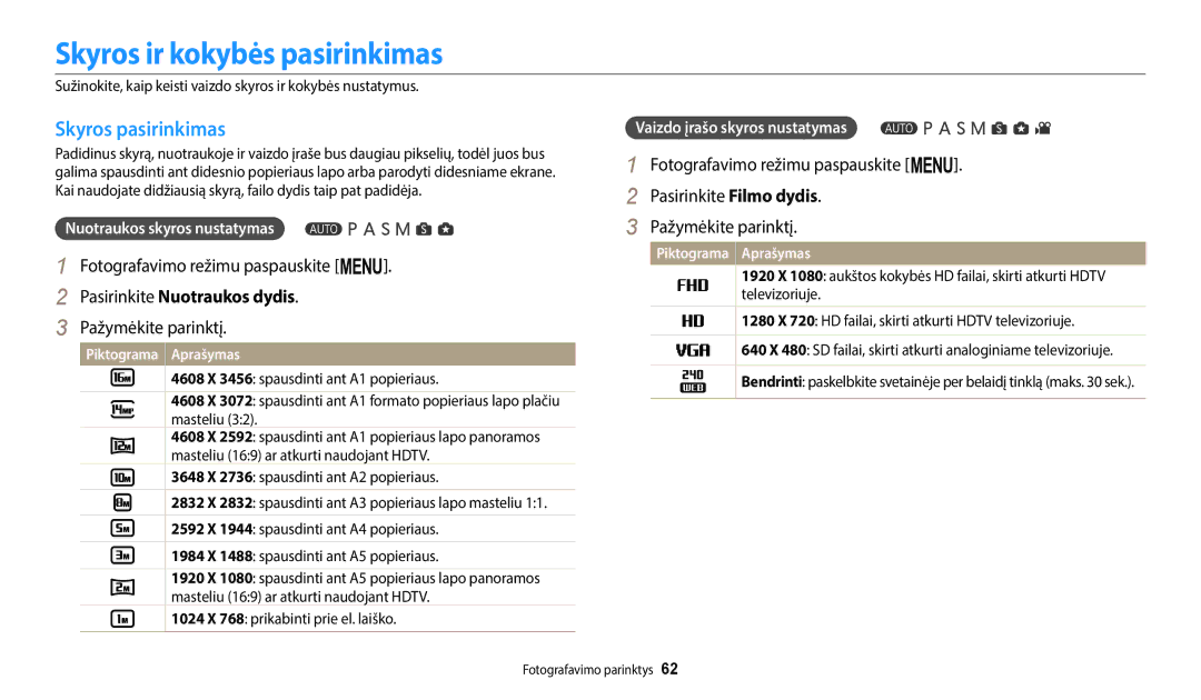 Samsung EC-WB2200BPBE2 manual Skyros ir kokybės pasirinkimas, Skyros pasirinkimas, Pasirinkite Nuotraukos dydis 