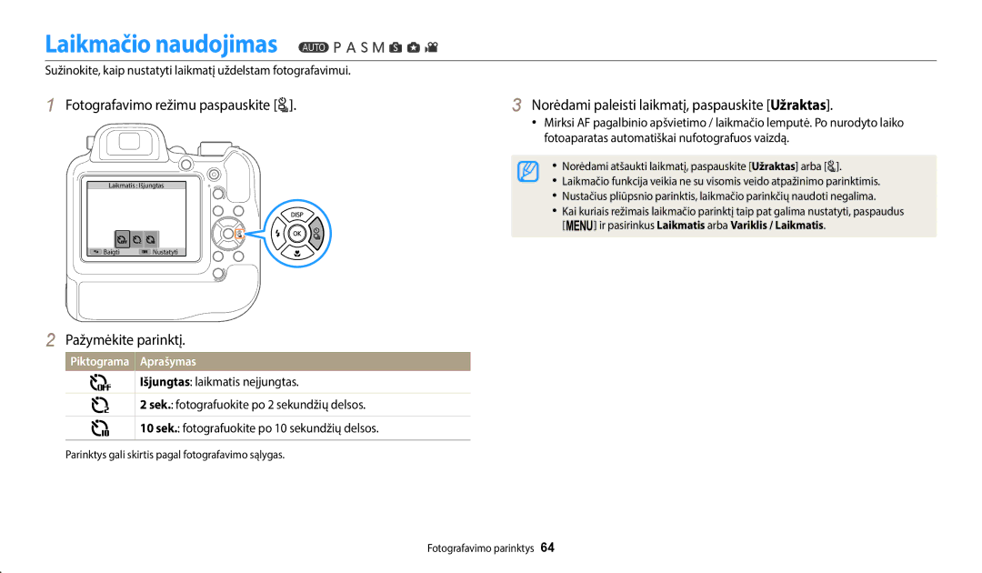 Samsung EC-WB2200BPBE2 manual Laikmačio naudojimas, Sužinokite, kaip nustatyti laikmatį uždelstam fotografavimui 