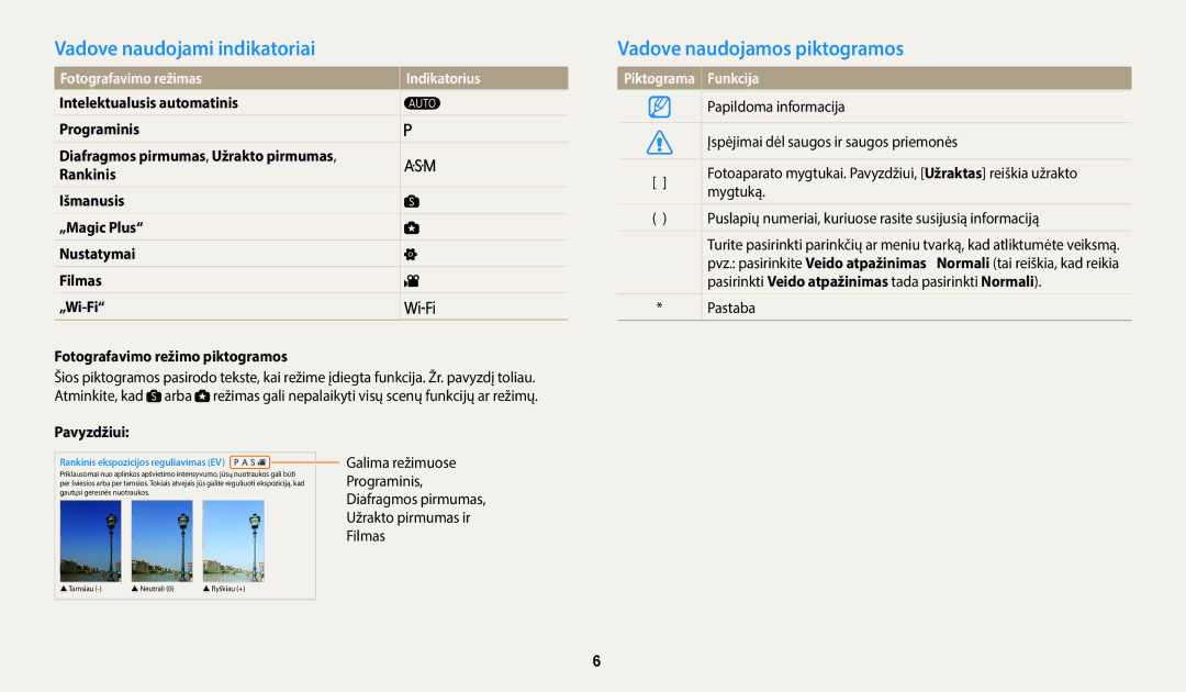 Samsung EC-WB2200BPBE2 Vadove naudojami indikatoriai, Vadove naudojamos piktogramos, Fotografavimo režimas, Pavyzdžiui 