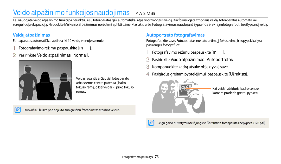 Samsung EC-WB2200BPBE2 manual Veido atpažinimo funkcijos naudojimas, Veidų atpažinimas, Autoportreto fotografavimas 