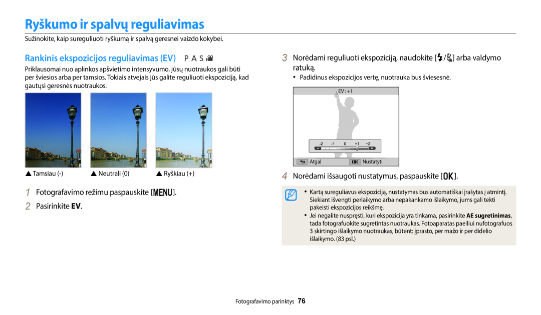 Samsung EC-WB2200BPBE2 manual Ryškumo ir spalvų reguliavimas, Rankinis ekspozicijos reguliavimas EV, Tamsiau  Neutrali 