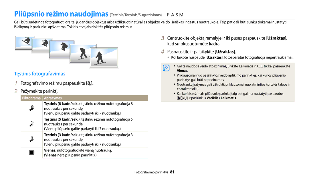 Samsung EC-WB2200BPBE2 manual Tęstinis fotografavimas, Fotografavimo režimu paspauskite t Pažymėkite parinktį 