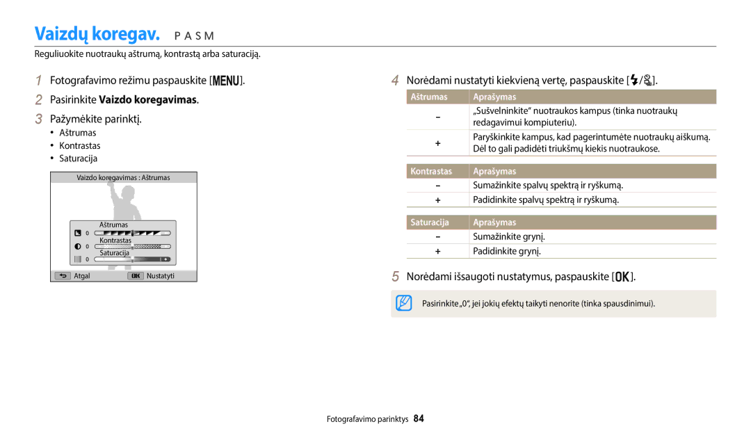 Samsung EC-WB2200BPBE2 Vaizdų koregav, Pasirinkite Vaizdo koregavimas, Norėdami nustatyti kiekvieną vertę, paspauskite F/t 