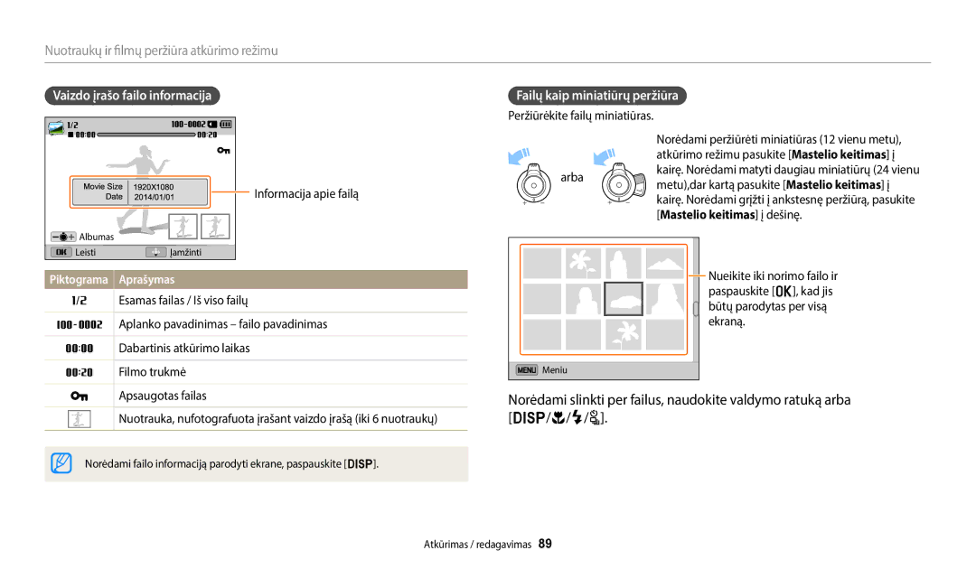 Samsung EC-WB2200BPBE2 manual Vaizdo įrašo failo informacija, Failų kaip miniatiūrų peržiūra, Mastelio keitimas į dešinę 