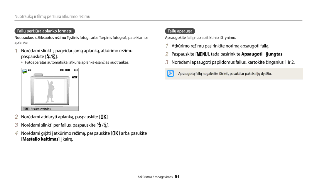 Samsung EC-WB2200BPBE2 manual Failų peržiūra aplanko formatu, Failų apsauga, Apsaugokite failą nuo atsitiktinio ištrynimo 