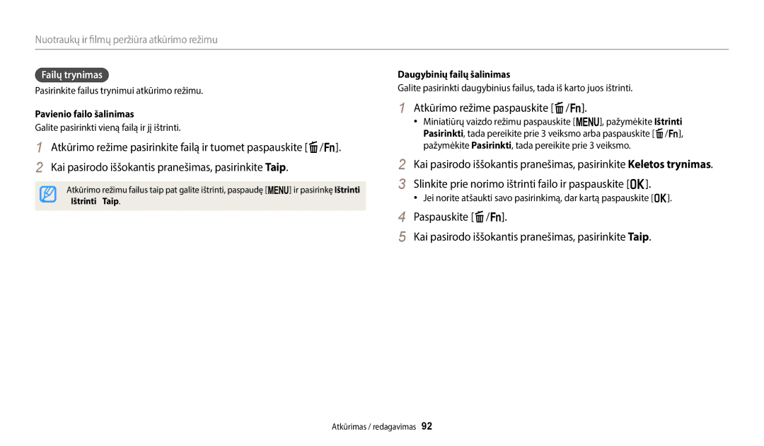 Samsung EC-WB2200BPBE2 manual Atkūrimo režime paspauskite f/s, Slinkite prie norimo ištrinti failo ir paspauskite o 