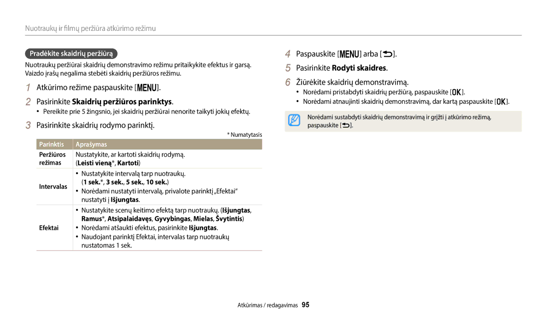 Samsung EC-WB2200BPBE2 manual Pasirinkite Skaidrių peržiūros parinktys, Paspauskite m arba r, Pasirinkite Rodyti skaidres 