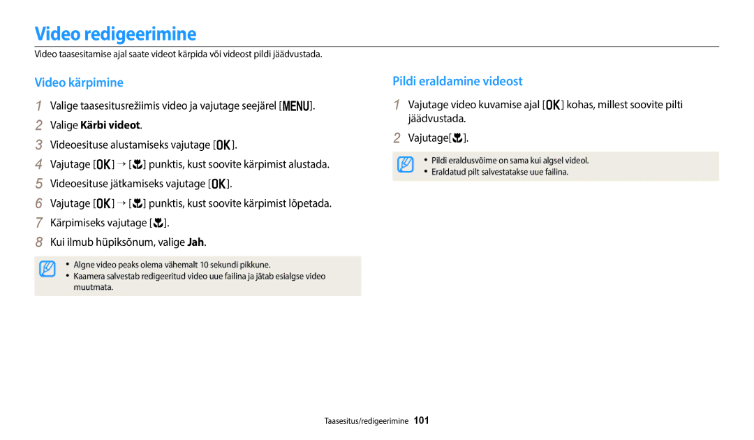 Samsung EC-WB2200BPBE2 manual Video redigeerimine, Video kärpimine, Pildi eraldamine videost, Valige Kärbi videot 