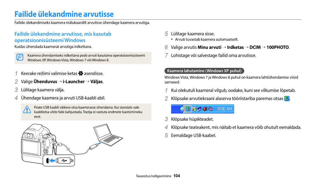 Samsung EC-WB2200BPBE2 manual Failide ülekandmine arvutisse, Valige Ühenduvus → i-Launcher → Väljas, Eemaldage USB-kaabel 