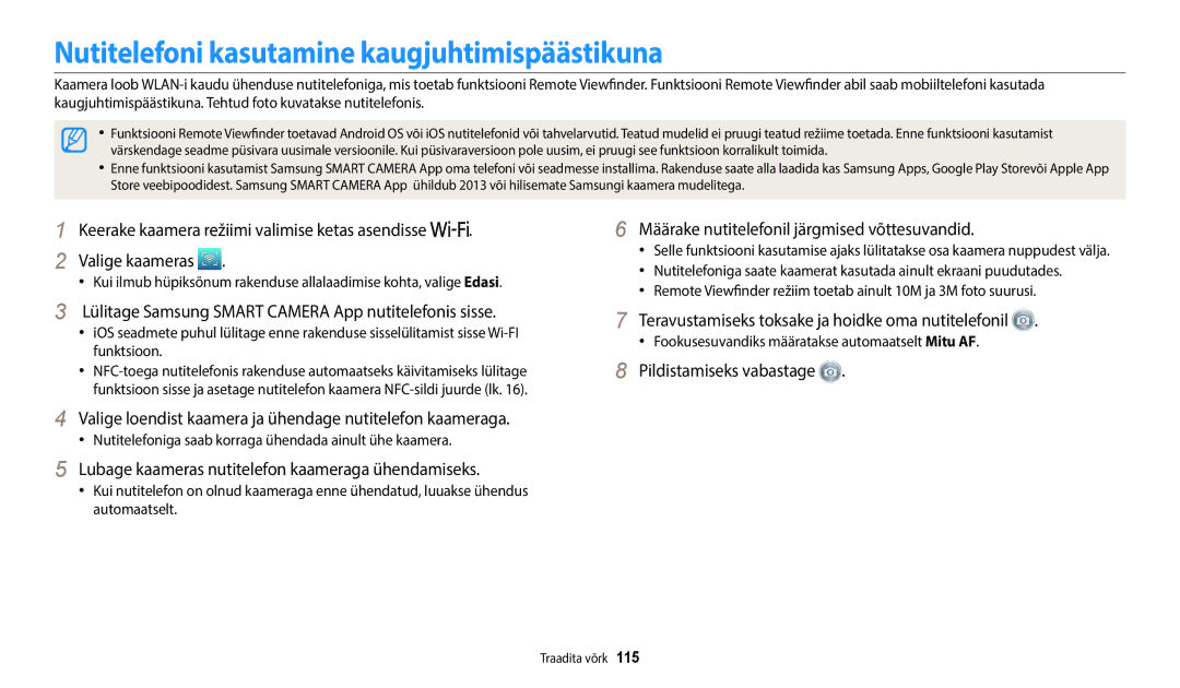 Samsung EC-WB2200BPBE2 manual Nutitelefoni kasutamine kaugjuhtimispäästikuna, Määrake nutitelefonil järgmised võttesuvandid 