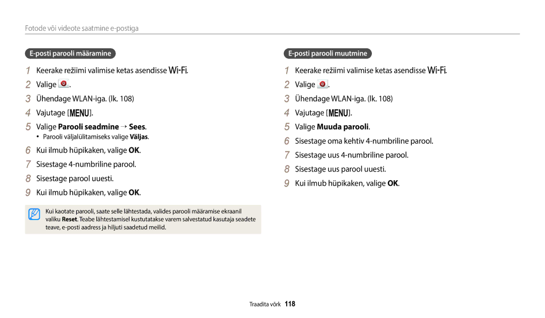 Samsung EC-WB2200BPBE2 manual Valige Parooli seadmine → Sees, Valige Muuda parooli, Posti parooli määramine 