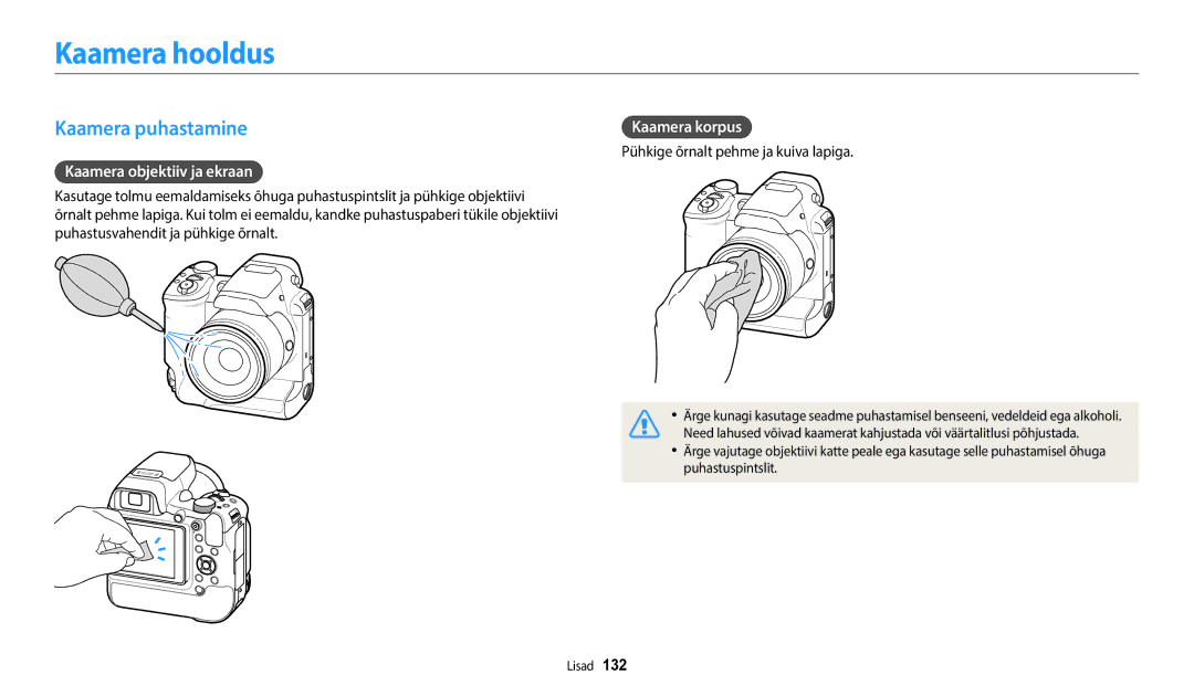 Samsung EC-WB2200BPBE2 manual Kaamera hooldus, Kaamera puhastamine, Kaamera objektiiv ja ekraan, Kaamera korpus 