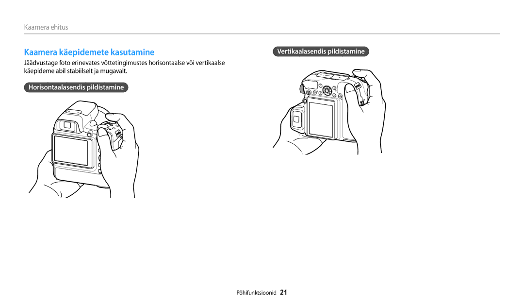 Samsung EC-WB2200BPBE2 manual Kaamera käepidemete kasutamine, Horisontaalasendis pildistamine 