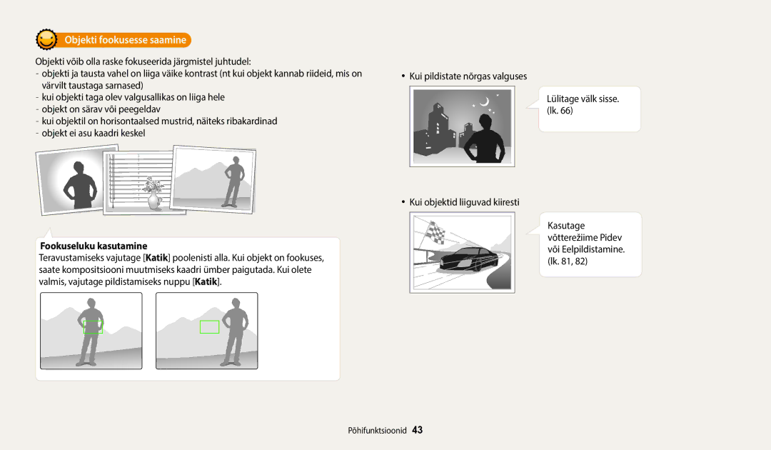 Samsung EC-WB2200BPBE2 manual Objekti fookusesse saamine, Fookuseluku kasutamine 