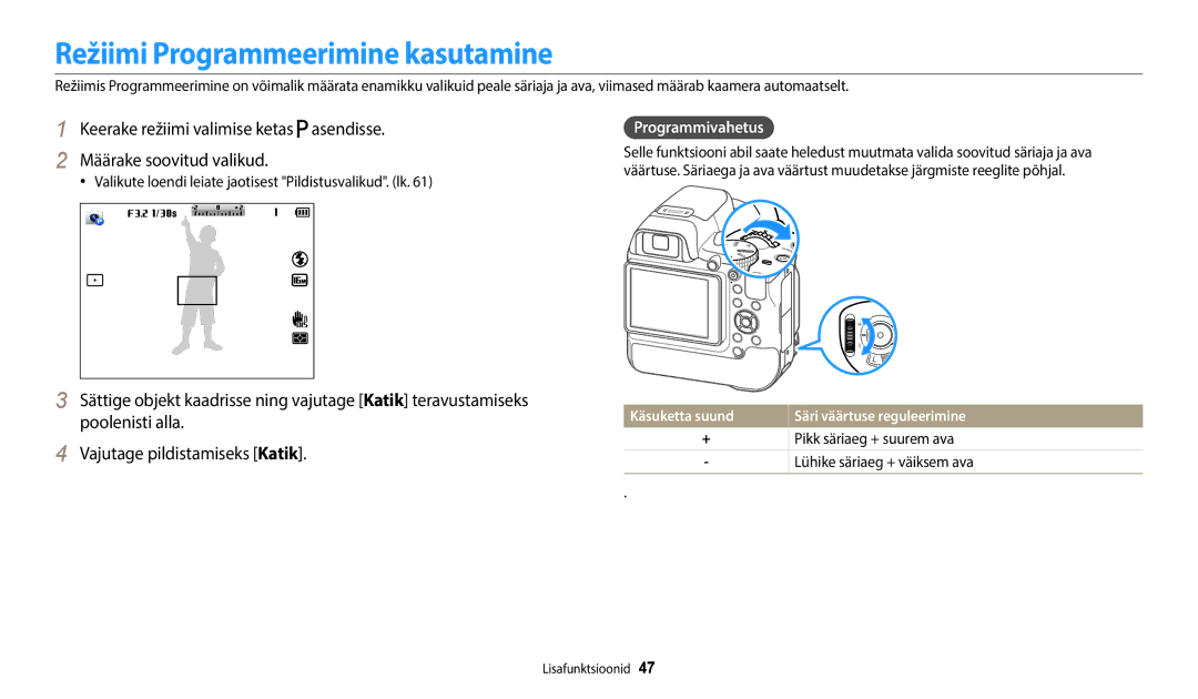 Samsung EC-WB2200BPBE2 manual Režiimi Programmeerimine kasutamine, Programmivahetus, Käsuketta suund 