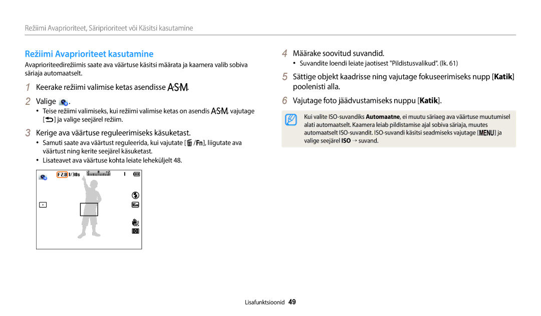 Samsung EC-WB2200BPBE2 manual Režiimi Avaprioriteet kasutamine, Keerake režiimi valimise ketas asendisse Valige 