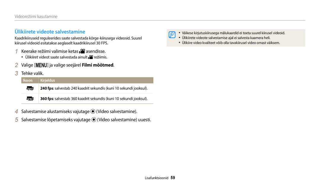 Samsung EC-WB2200BPBE2 manual Ülikiirete videote salvestamine, Valige m ja valige seejärel Filmi mõõtmed Tehke valik 