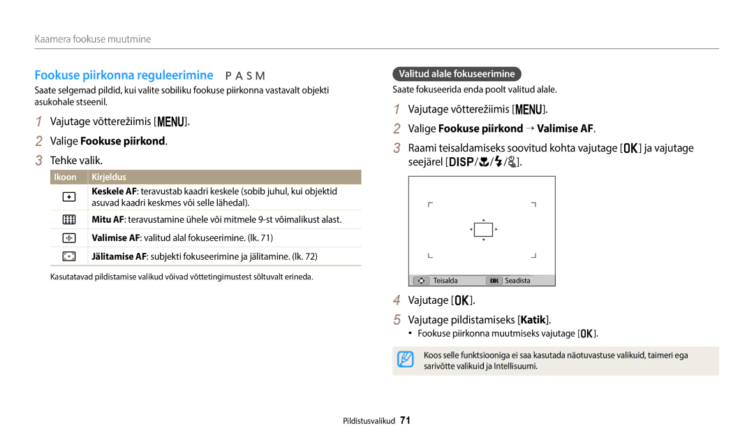 Samsung EC-WB2200BPBE2 manual Fookuse piirkonna reguleerimine, Valige Fookuse piirkond → Valimise AF 