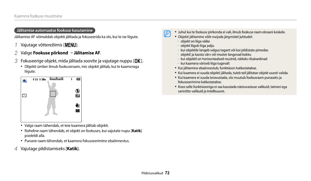 Samsung EC-WB2200BPBE2 manual Valige Fookuse piirkond → Jälitamise AF, Jälitamise automaatse fookuse kasutamine 