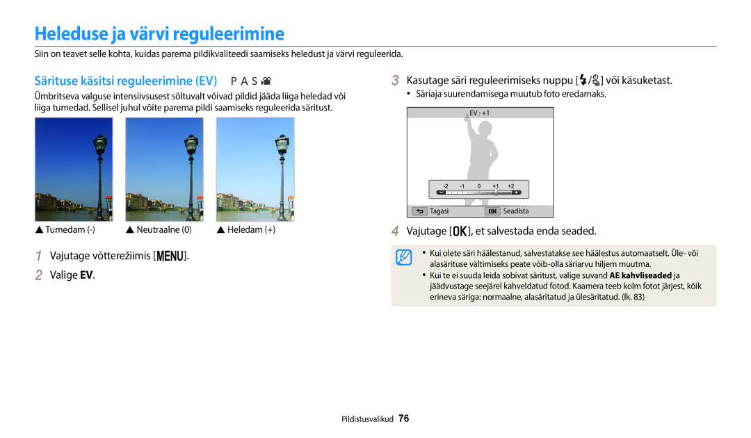 Samsung EC-WB2200BPBE2 manual Heleduse ja värvi reguleerimine, Särituse käsitsi reguleerimine EV 