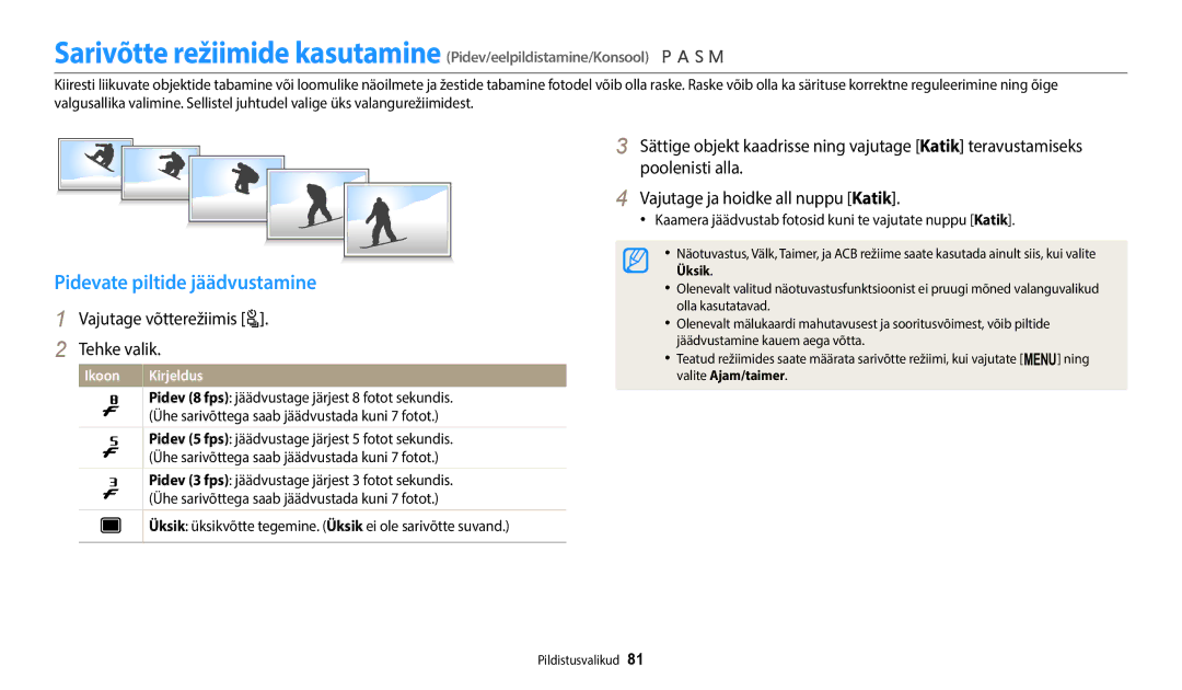 Samsung EC-WB2200BPBE2 manual Pidevate piltide jäädvustamine, Vajutage võtterežiimis t Tehke valik 