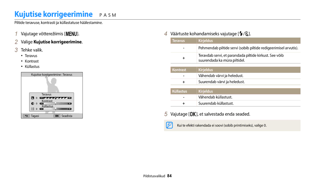 Samsung EC-WB2200BPBE2 manual Valige Kujutise korrigeerimine, Väärtuste kohandamiseks vajutage F/t 