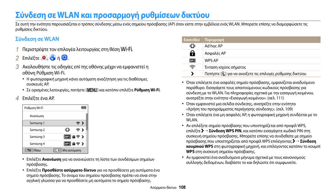 Samsung EC-WB2200BPBE3 manual Σύνδεση σε Wlan και προσαρμογή ρυθμίσεων δικτύου, Επιλέξτε ένα AP, Ad hoc AP Ασφαλές AP 