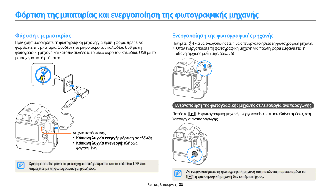 Samsung EC-WB2200BPBE3 manual Φόρτιση της μπαταρίας, Ενεργοποίηση της φωτογραφικής μηχανής 