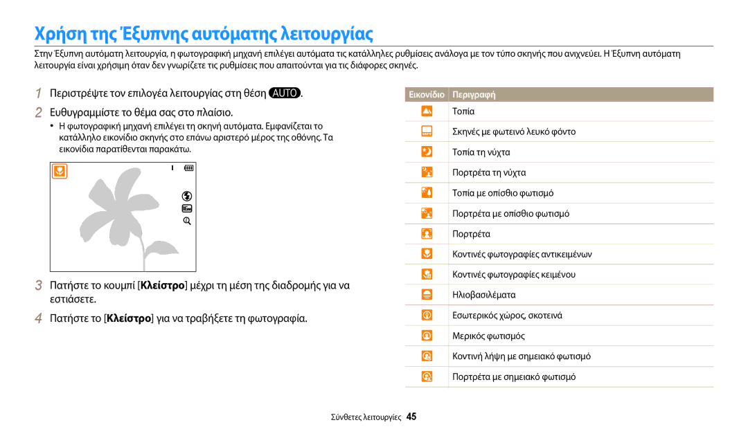 Samsung EC-WB2200BPBE3 manual Χρήση της Έξυπνης αυτόματης λειτουργίας, Σύνθετες λειτουργίες 