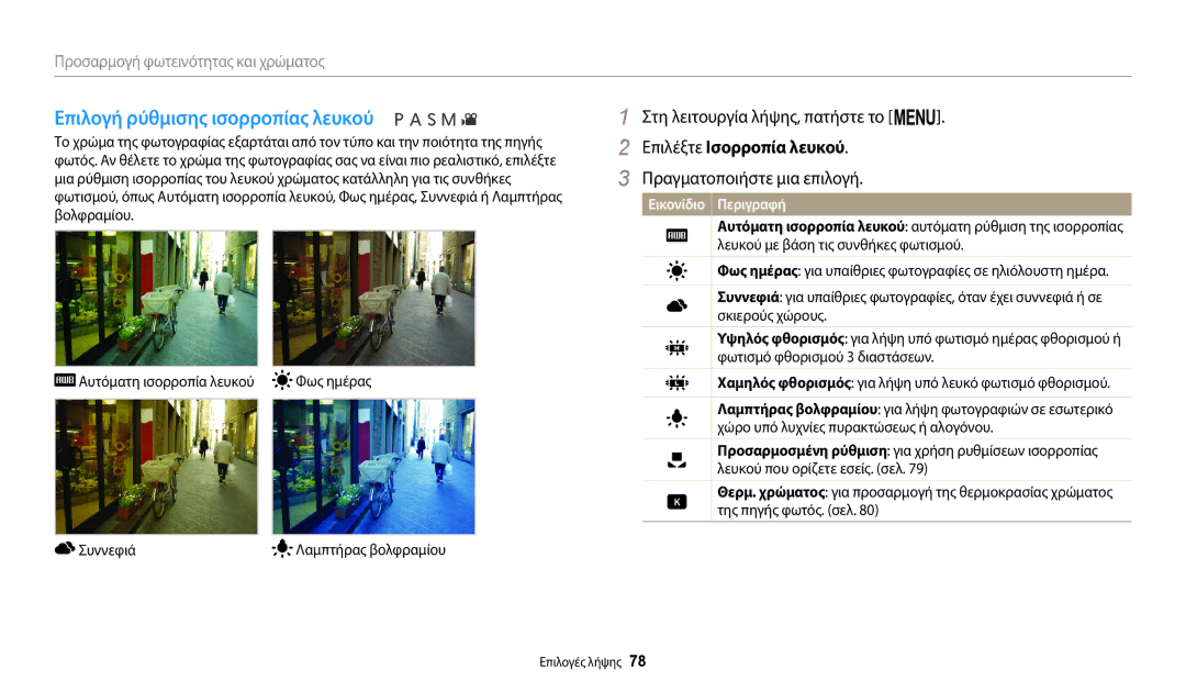 Samsung EC-WB2200BPBE3 manual Επιλογή ρύθμισης ισορροπίας λευκού, Επιλέξτε Ισορροπία λευκού, Φως ημέρας, Συννεφιά 