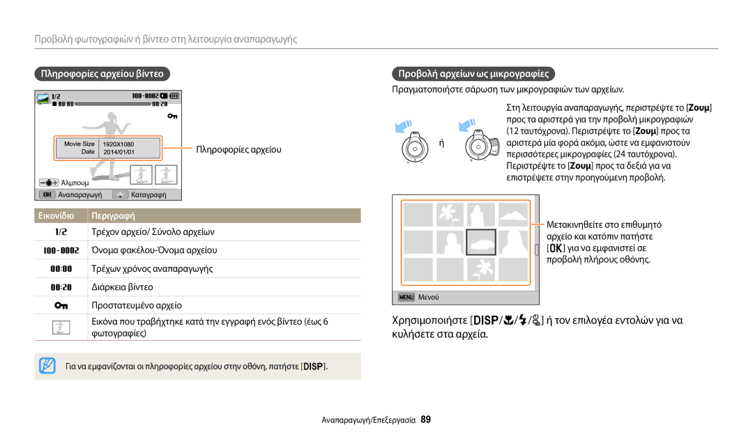 Samsung EC-WB2200BPBE3 manual Πληροφορίες αρχείου βίντεο, Προβολή αρχείων ως μικρογραφίες 