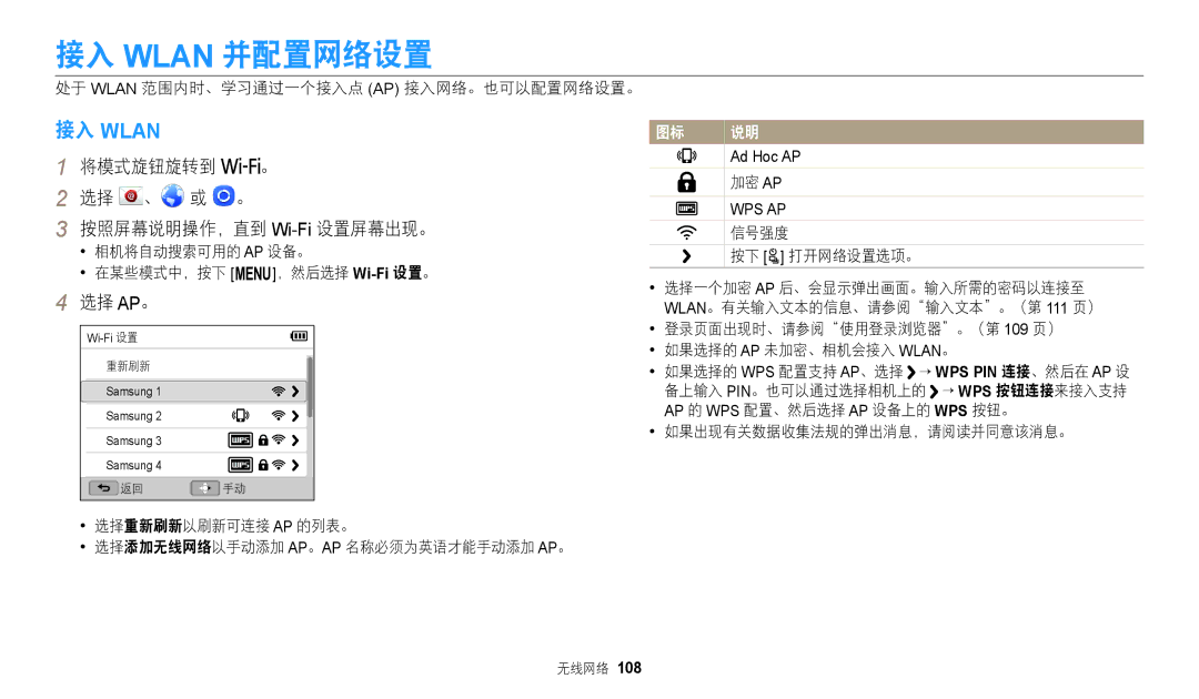 Samsung EC-WB2200BPBE3 manual 接入 Wlan 并配置网络设置, 将模式旋钮旋转到 。 选择 、 或 。 按照屏幕说明操作，直到 Wi-Fi设置屏幕出现。, 选择 Ap。 