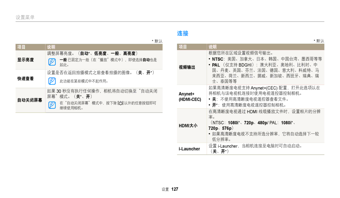 Samsung EC-WB2200BPBE3 manual 调整屏幕亮度。（自动*、低亮度、一般、高亮度）, 显示亮度, 快速查看, 自动关闭屏幕 屏幕模式。（关*、开）, 根据您所在区域设置视频信号输出。, 视频输出, 、泰国等等, 低分辨率。 