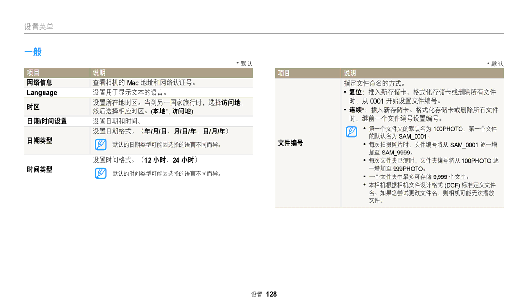 Samsung EC-WB2200BPBE3 manual 网络信息 查看相机的 Mac 地址和网络认证号。, 设置用于显示文本的语言。, 然后选择相应时区。本地*, 访问地, 设置时间格式。（12 小时、24 小时）, 时间类型 