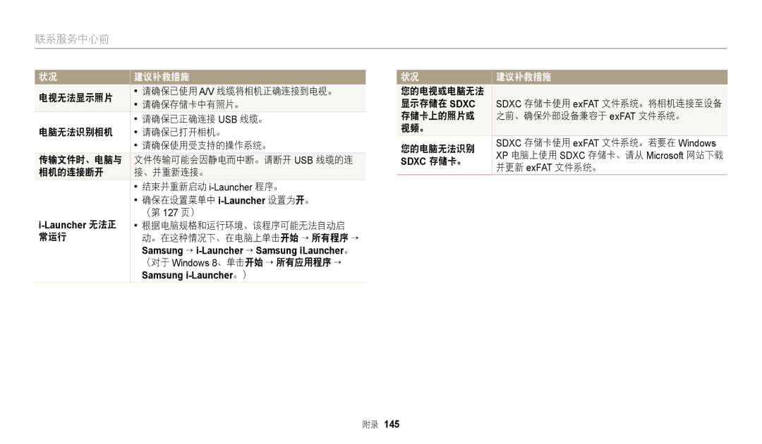 Samsung EC-WB2200BPBE3 常运行, （对于, 您的电视或电脑无法 显示存储在 Sdxc, 存储卡上的照片或 之前、确保外部设备兼容于 exFAT 文件系统。 视频。 您的电脑无法识别, 并更新 exFAT 文件系统。 