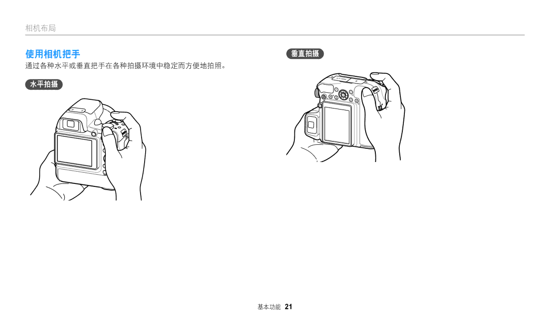 Samsung EC-WB2200BPBE3 manual 使用相机把手垂直拍摄, 水平拍摄, 通过各种水平或垂直把手在各种拍摄环境中稳定而方便地拍照。 