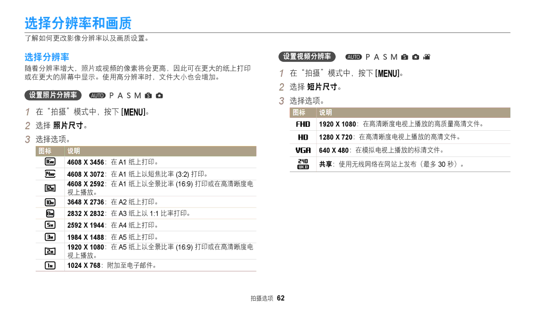 Samsung EC-WB2200BPBE3 manual 选择分辨率和画质, 在拍摄模式中，按下 m。 选择 照片尺寸。 选择选项。, 在拍摄模式中，按下 m。 选择 短片尺寸。 选择选项。 