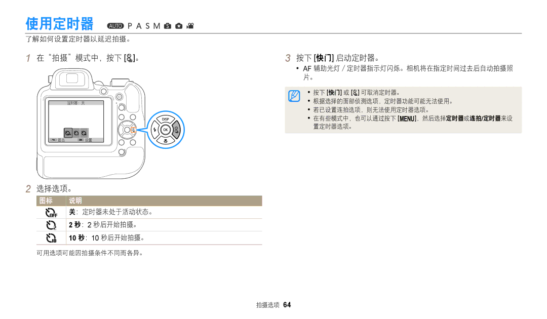 Samsung EC-WB2200BPBE3 manual 使用定时器, 在拍摄模式中，按下 t。, 按下 快门 启动定时器。, 了解如何设置定时器以延迟拍摄。, ：2 秒后开始拍摄。 10 秒：10 秒后开始拍摄。 